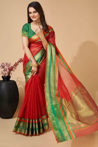 Red colour zari work cotton silk saree with blouse