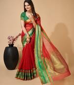 Red colour zari work cotton silk saree with blouse