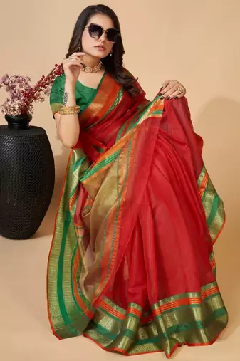 Red colour zari work cotton silk saree with blouse
