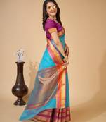 Sky blue  colour zari work cotton silk saree with blouse