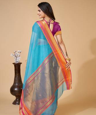 Sky blue  colour zari work cotton silk saree with blouse 3