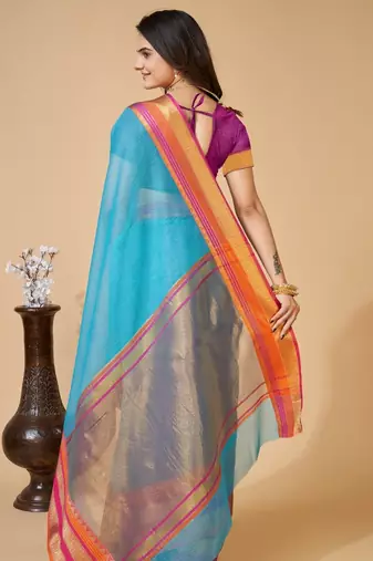 Sky blue  colour zari work cotton silk saree with blouse