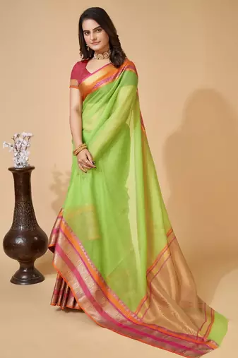 Light green  colour zari work cotton silk saree with blouse