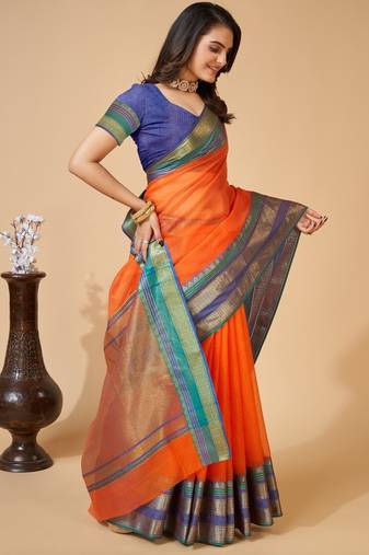 Orange  colour zari work cotton silk saree with blouse