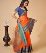 Orange  colour zari work cotton silk saree with blouse