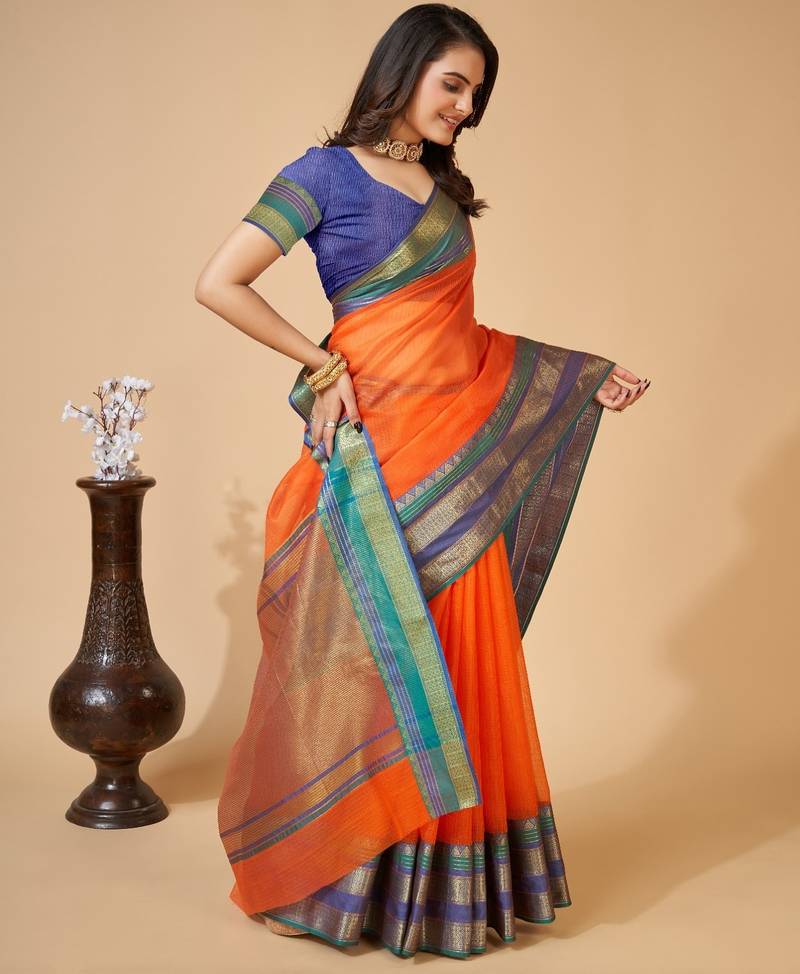Orange  colour zari work cotton silk saree with blouse