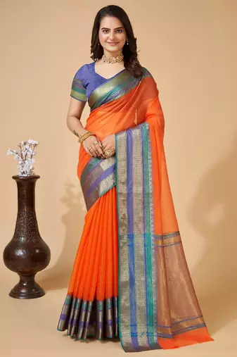 Orange  colour zari work cotton silk saree with blouse