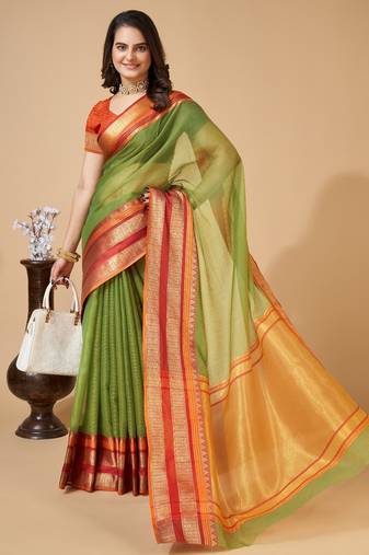 Green  colour zari work cotton silk saree with blouse