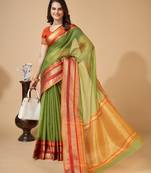 Green  colour zari work cotton silk saree with blouse