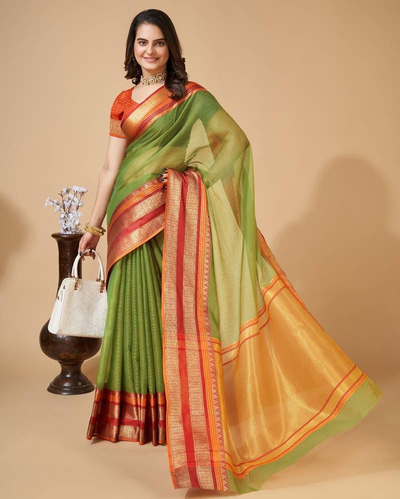 Green  colour zari work cotton silk saree with blouse