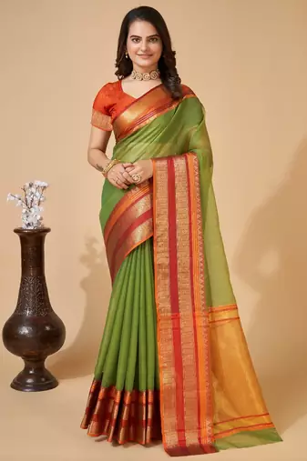 Green  colour zari work cotton silk saree with blouse