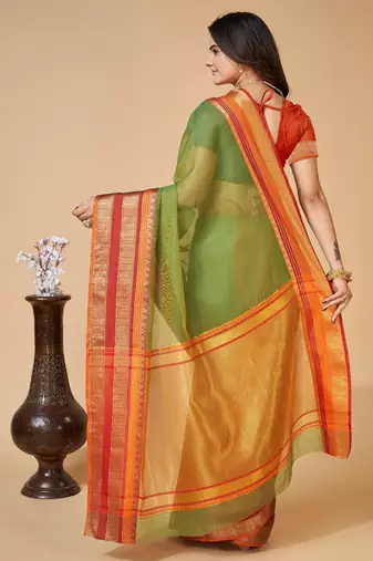 Green  colour zari work cotton silk saree with blouse