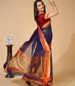 Navy blue  colour zari work cotton silk saree with blouse