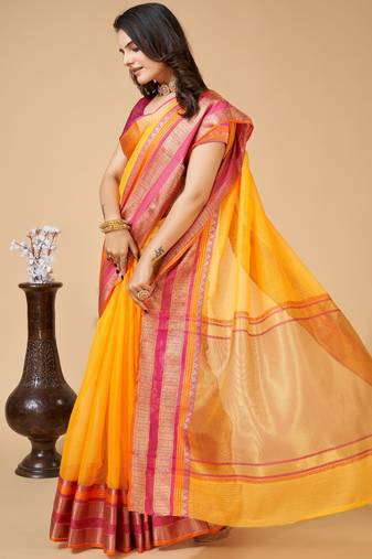 Yellow  colour zari work cotton silk saree with blouse