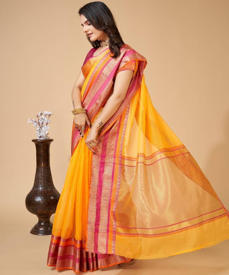 Yellow  colour zari work cotton silk saree with blouse