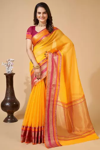 Yellow  colour zari work cotton silk saree with blouse