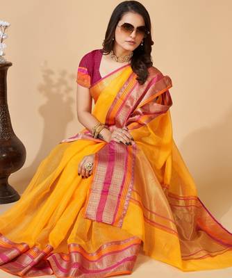 Yellow  colour zari work cotton silk saree with blouse 3