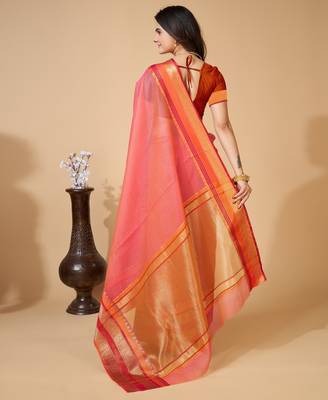 Pink  colour zari work cotton silk saree with blouse 3