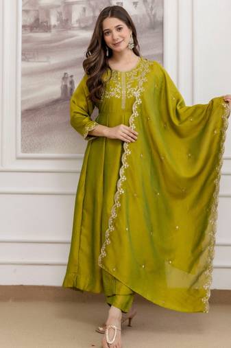 Mahendi color smart ethnic vichitra fabric suit for elegant party looks