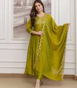 Mahendi color smart ethnic vichitra fabric suit for elegant party looks