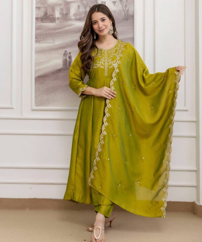 Mahendi color smart ethnic vichitra fabric suit for elegant party looks