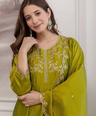 Mahendi color smart ethnic vichitra fabric suit for elegant party looks 3