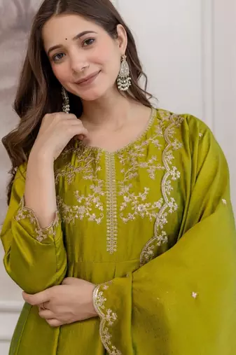 Mahendi color smart ethnic vichitra fabric suit for elegant party looks