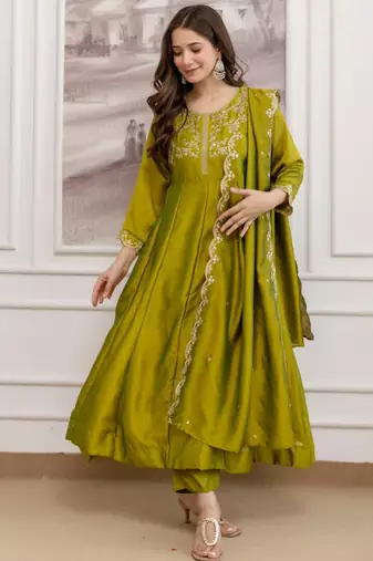 Mahendi color smart ethnic vichitra fabric suit for elegant party looks