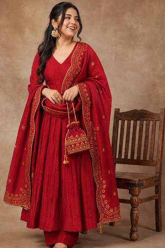 Rust color smart ethnic kum kum fabric suit for elegant party looks