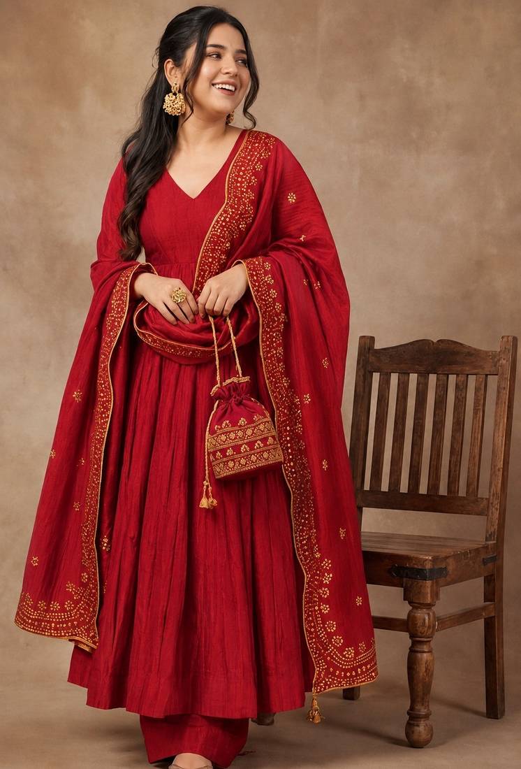 Rust color smart ethnic kum kum fabric suit for elegant party looks