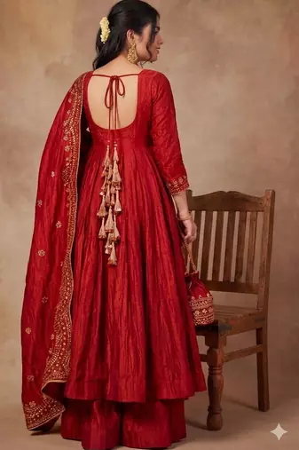 Rust color smart ethnic kum kum fabric suit for elegant party looks