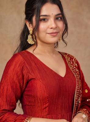 Rust color smart ethnic kum kum fabric suit for elegant party looks 3