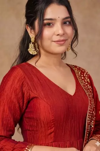 Rust color smart ethnic kum kum fabric suit for elegant party looks