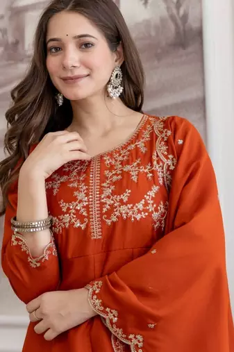 Rust color smart ethnic vichitra fabric suit for elegant party looks