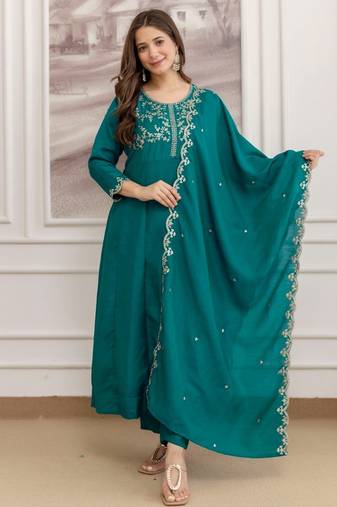 Teal color smart ethnic vichitra fabric suit for elegant party looks