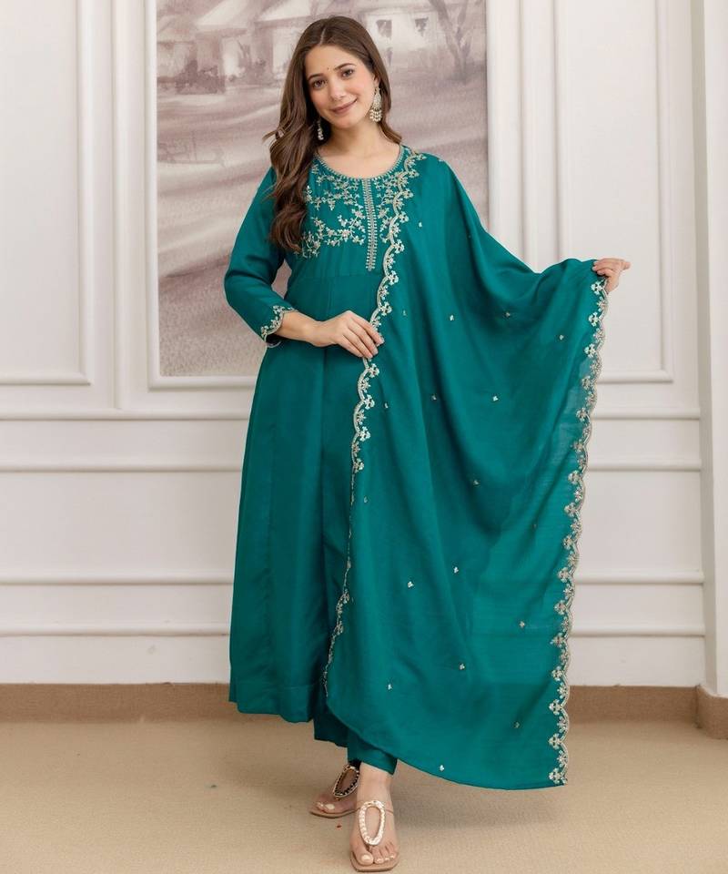 Teal color smart ethnic vichitra fabric suit for elegant party looks