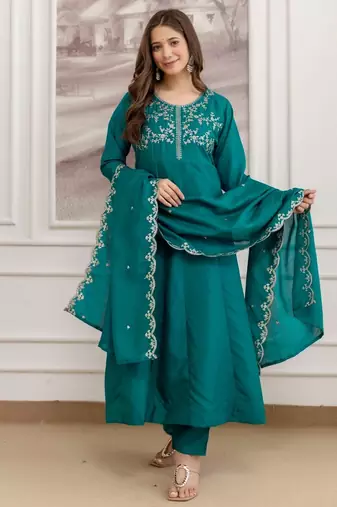 Teal color smart ethnic vichitra fabric suit for elegant party looks