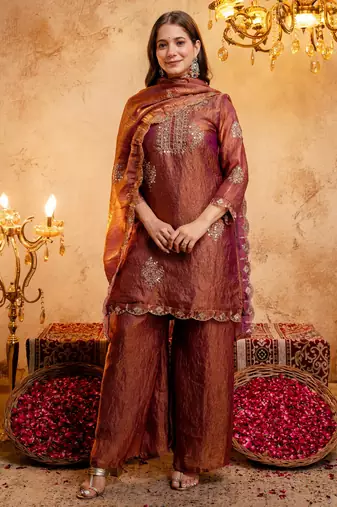 Rust color stylish fendy  fabric designer ready kurta set for girls