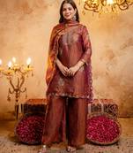 Rust color stylish fendy  fabric designer ready kurta set for girls