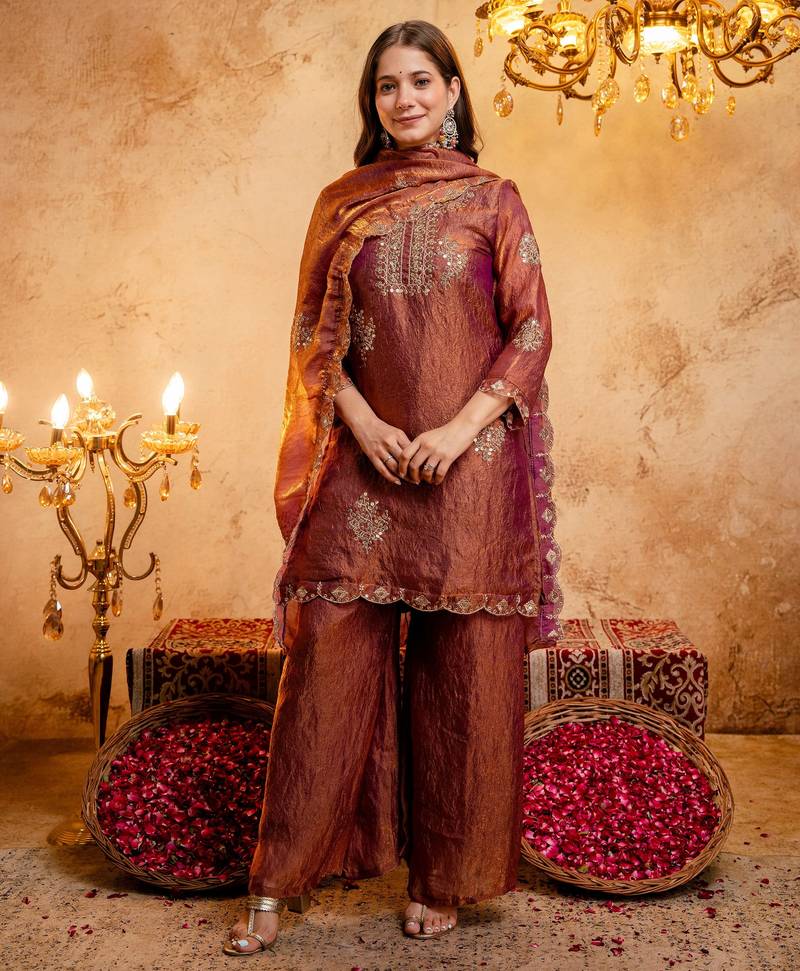Rust color stylish fendy  fabric designer ready kurta set for girls