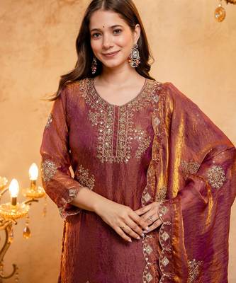Rust color stylish fendy  fabric designer ready kurta set for girls 3