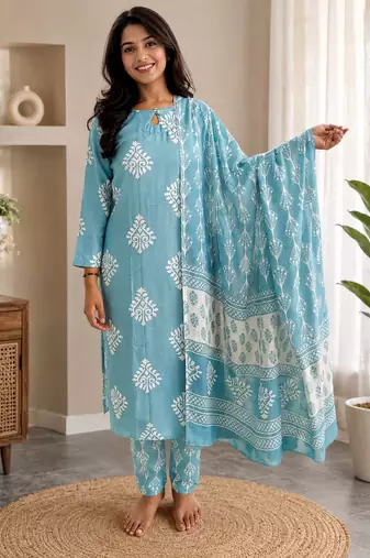 Sky blue color smart ethnic rayon  fabric suit for elegant party looks
