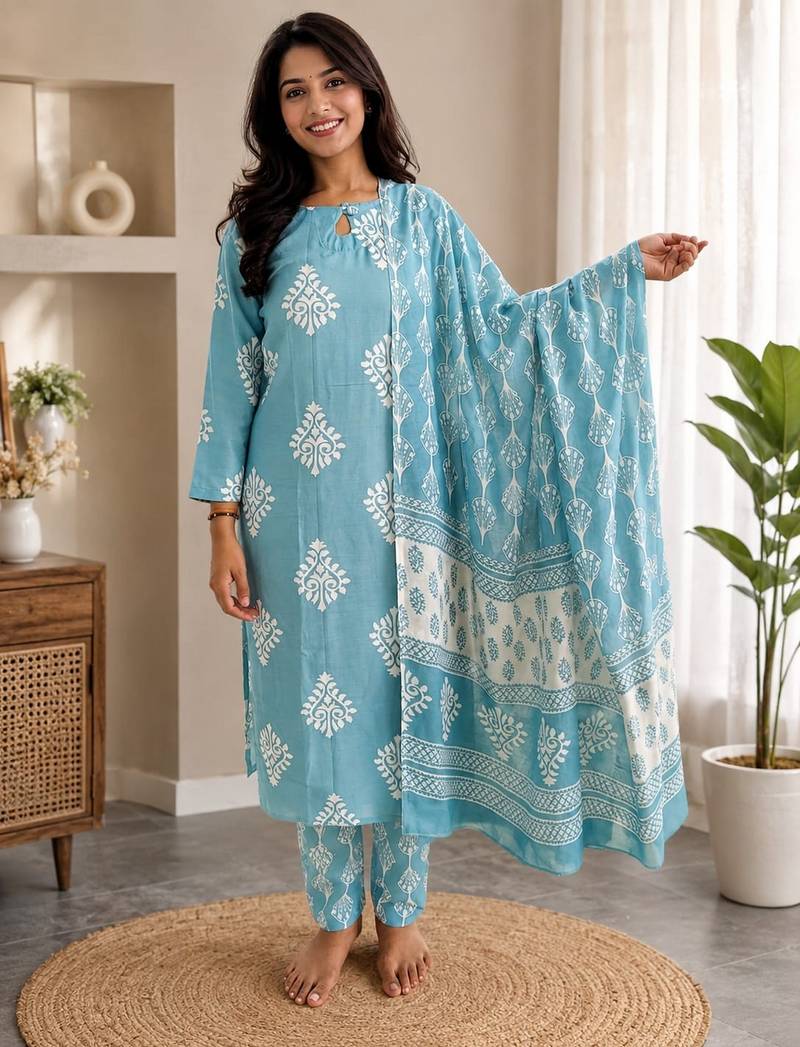 Sky blue color smart ethnic rayon  fabric suit for elegant party looks