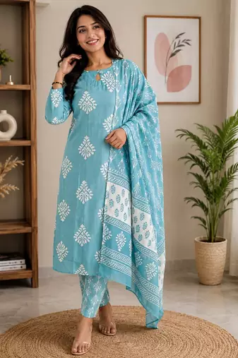 Sky blue color smart ethnic rayon  fabric suit for elegant party looks