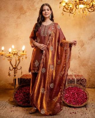 Rust color stylish fendy  fabric designer ready kurta set for girls 4