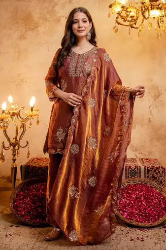 Rust color stylish fendy  fabric designer ready kurta set for girls