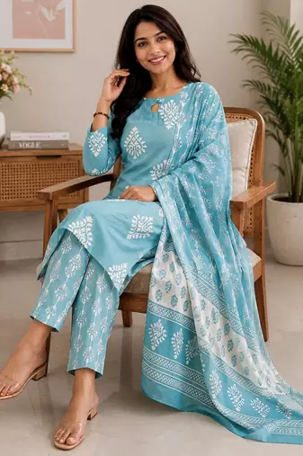 Sky blue color smart ethnic rayon  fabric suit for elegant party looks