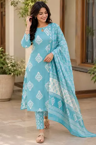 Sky blue color smart ethnic rayon  fabric suit for elegant party looks