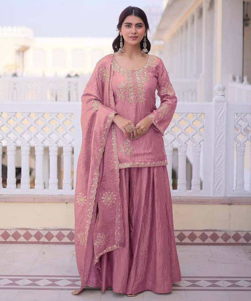 Pink color stylish fendy  fabric designer ready kurta set for girls
