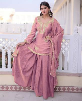 Pink color stylish fendy  fabric designer ready kurta set for girls 4